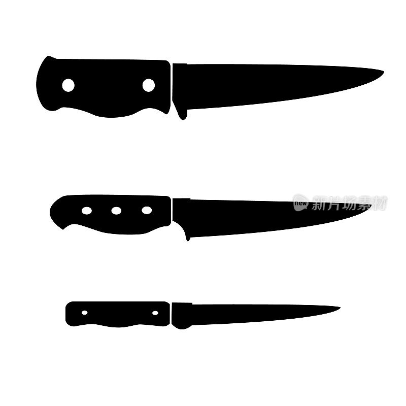 Set of kitchen knives. Black icons. Knife for cutting meat. Vector. Flat icon.